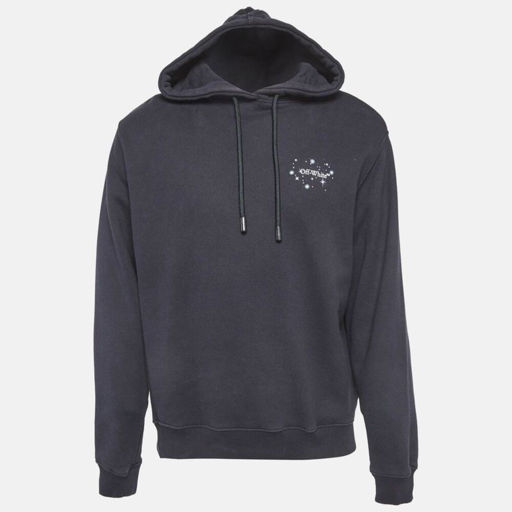 Off-White Navy Blue Logo Print Cotton Knit Hoodie S